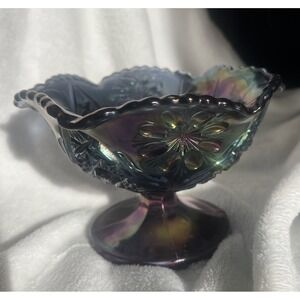 Vintage Grape Amethyst Carnival Glass Blue Iridescent Floral Pedestal Candy Dish